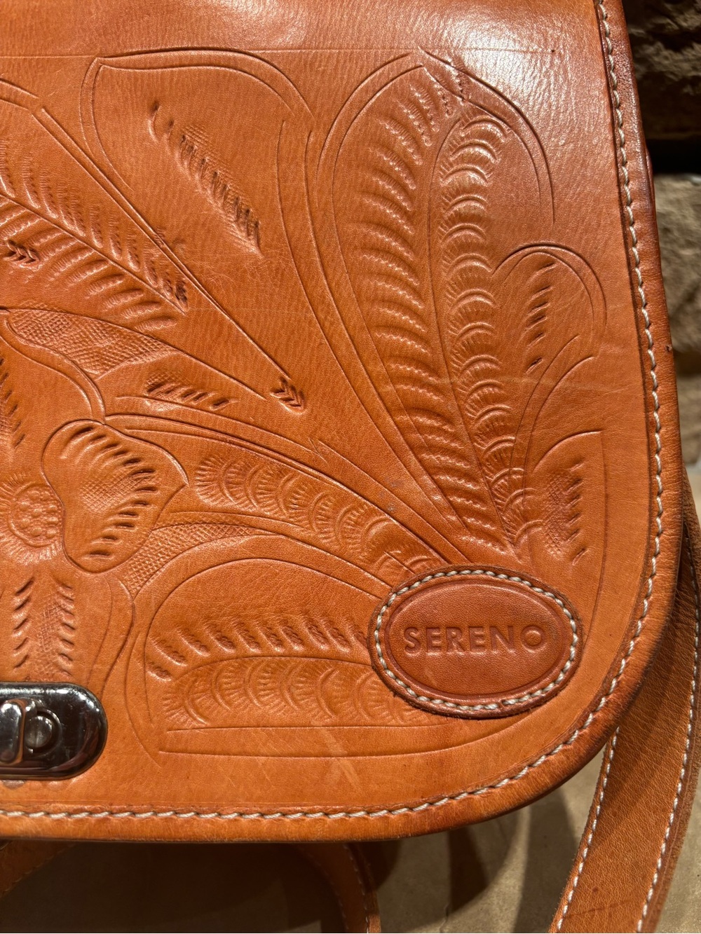 Sereno Vintage Tooled Leather Crossbody Bag in Caramel with Floral Design - Picture 2 of 13